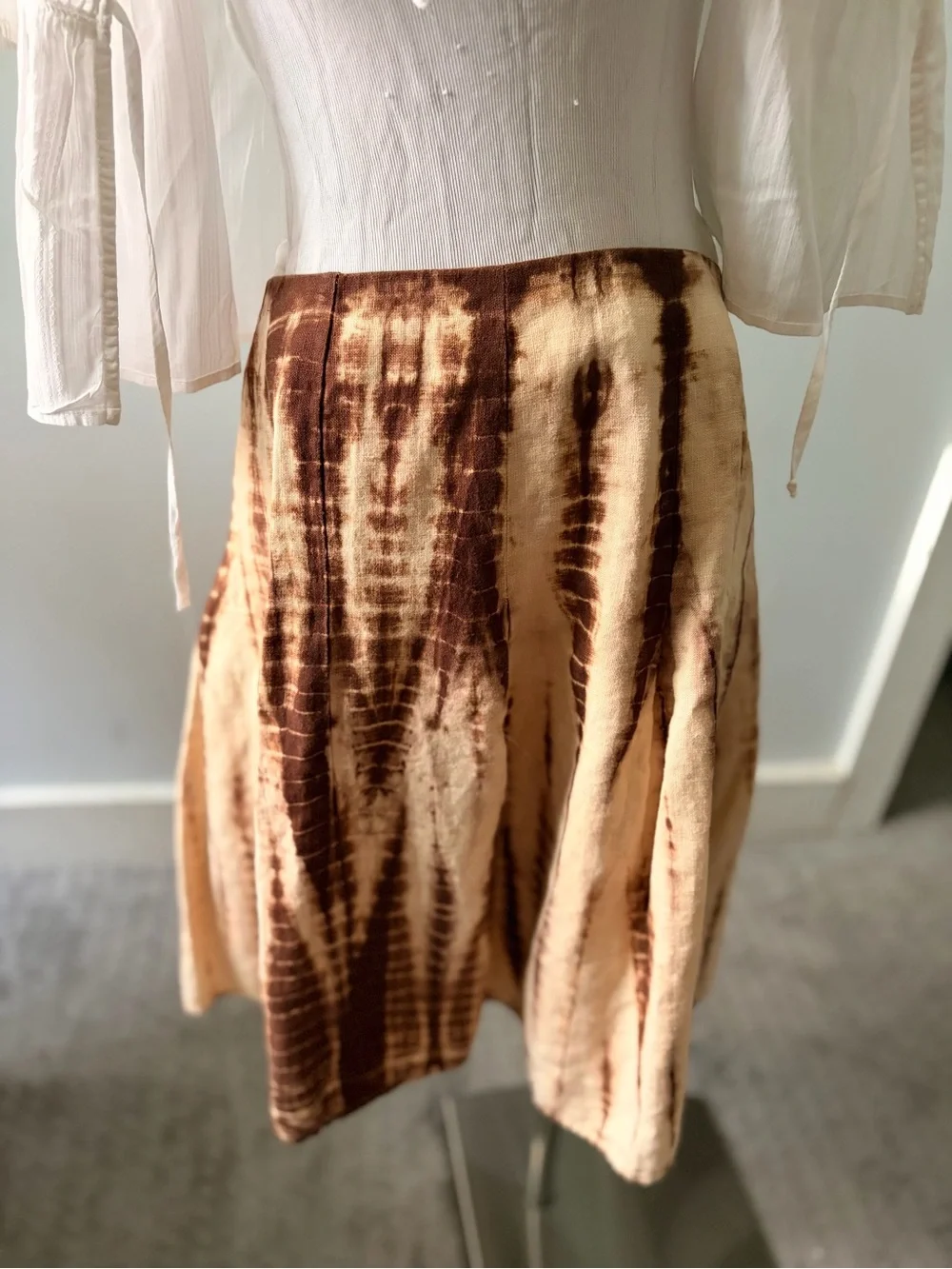 Michael Kors Linen Brown and Cream Tie-Dye A-Line Midi Skirt